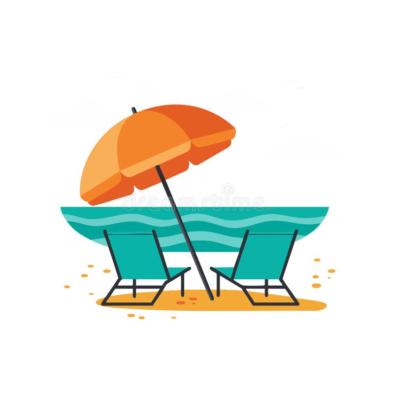 Beach scene with two turquoise lounge chairs and orange umbrella by ocean waves vector illustration vector illustration