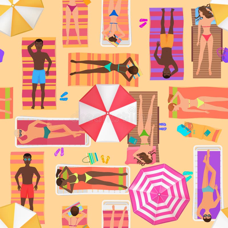 Beach seamless pattern top view. Summer people on a sunny beach. View from above summertime people with Umbrellas vector illustration Beach seamless pattern top view. Summer people on a sunny beach. View from above summertime people with Umbrellas vector illustration