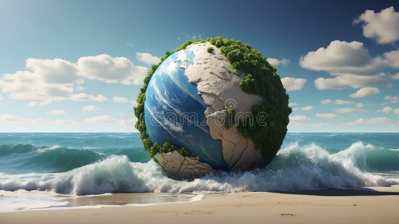 Computer generated Earth-like planet on a beach. Wave crushing in the background royalty free illustration