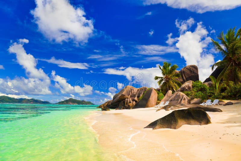 Beach Source d'Argent at island La Digue, Seychelles - vacation background. Seychelles stock images, royalty-free photos and pictures
