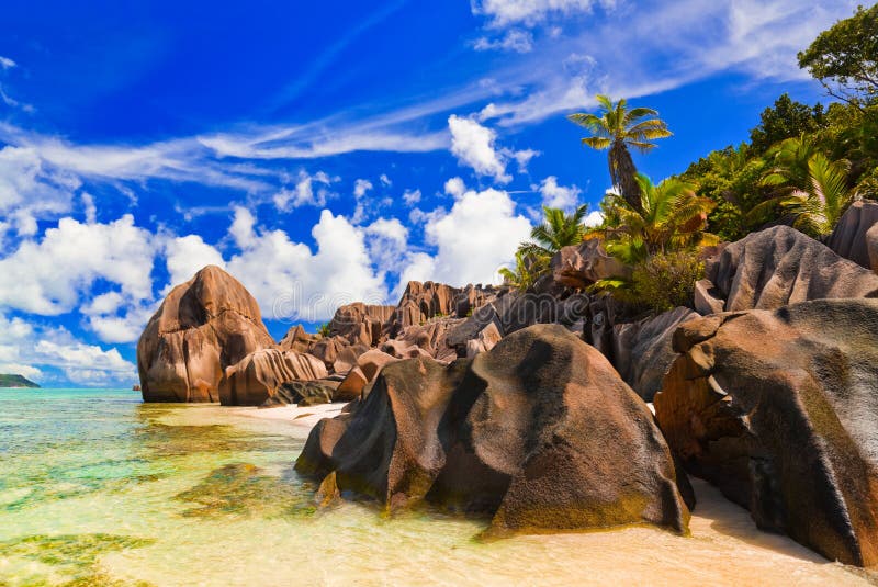 Beach Source D Argent at Seychelles Stock Image - Image of lounge ...