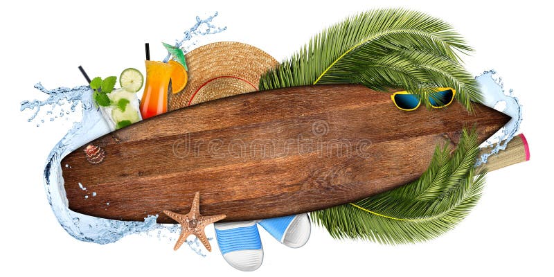 Beach summer cocktail bar concept tourism background empty wooden surfboard royalty free illustration