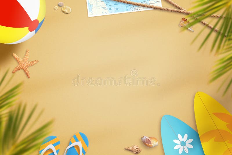 Beach in summer time surrounded with objects for fun. In the shade of palm trees