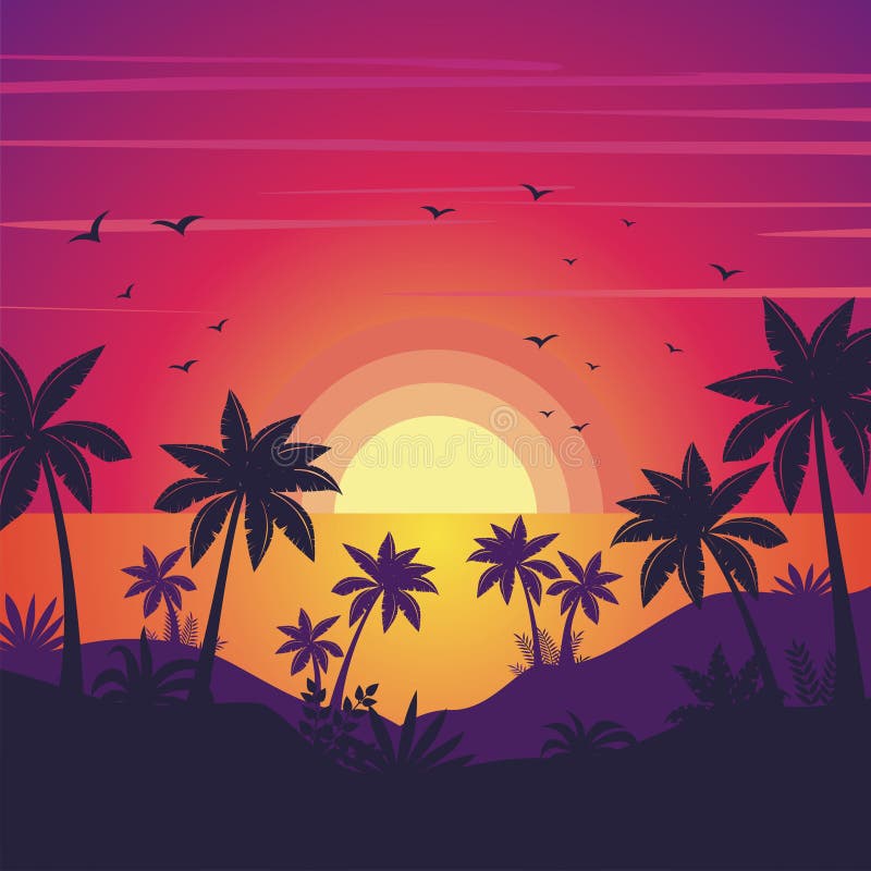 Gradient beach sunset landscape background with silhouette of palm trees, simple and trendy with flat design. Gradient beach sunset landscape background with silhouette of palm trees, simple and trendy with flat design