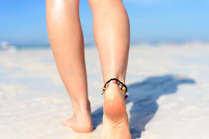 Beach Travel Concept Legs On Tropical Sand Beach Walking Female Feet