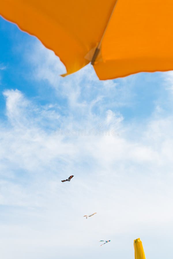 Beach umbrella and kites stock image. Image of freedom 97120681