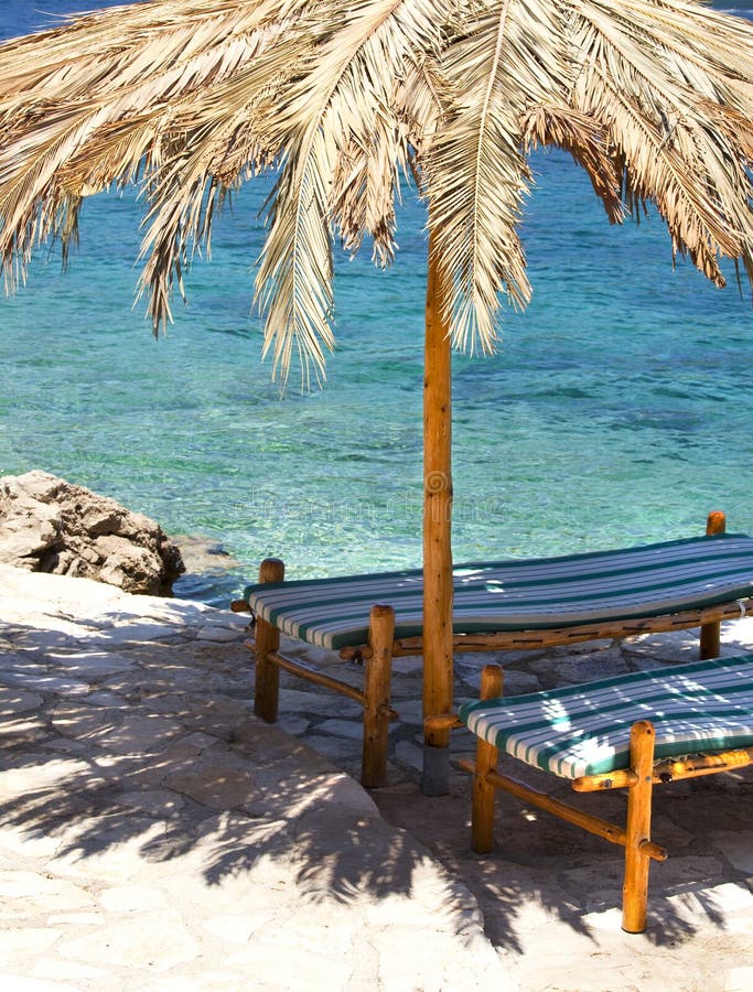 Beach Umbrella and two beach chairs