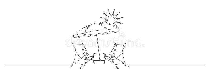 Beach umbrella and two chairs in one continuous line drawing. Concept of holiday summer and honeymoon in the Caribbean