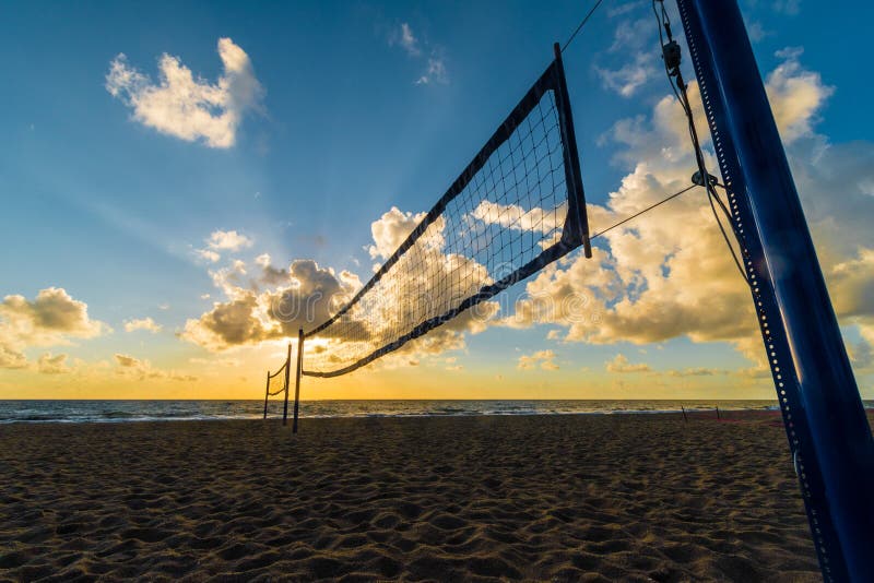 Beach volleyball net at sunrise at Miami Beach, Florida, USA