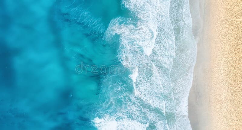 Beach and waves from top view. Turquoise water background from top view.