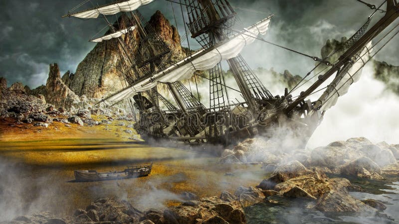 Beached pirate ship in a mystical scenic land. vector illustration