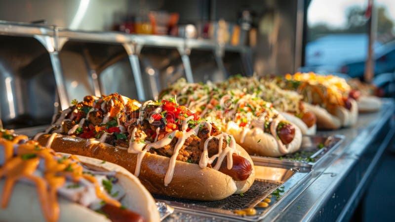 Un camion cu alimente pe plajă care să servească o gamă de opțiuni creative și delicioase de mâncare pe stradă, de la hot-dogs înc royalty free stock images