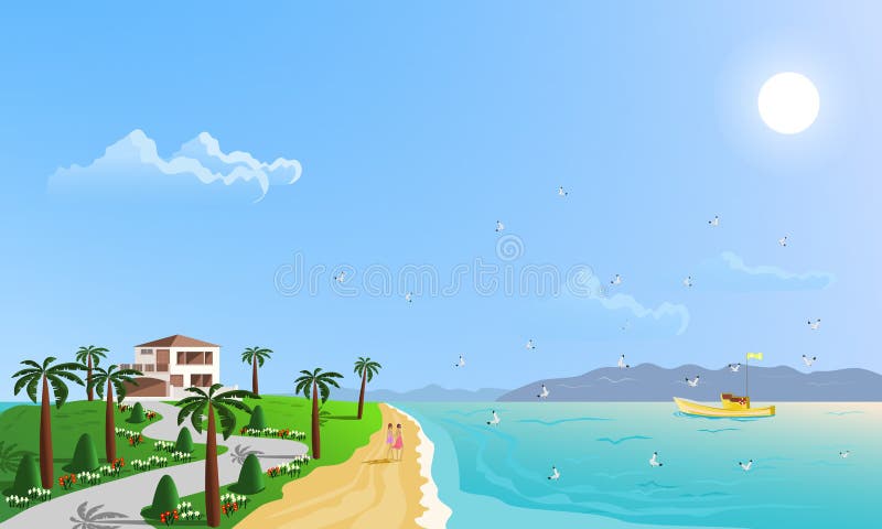 The beachfront location is home to green hills surrounded by palm trees vector illustration The beachfront location is home to green hills surrounded by palm trees vector illustration