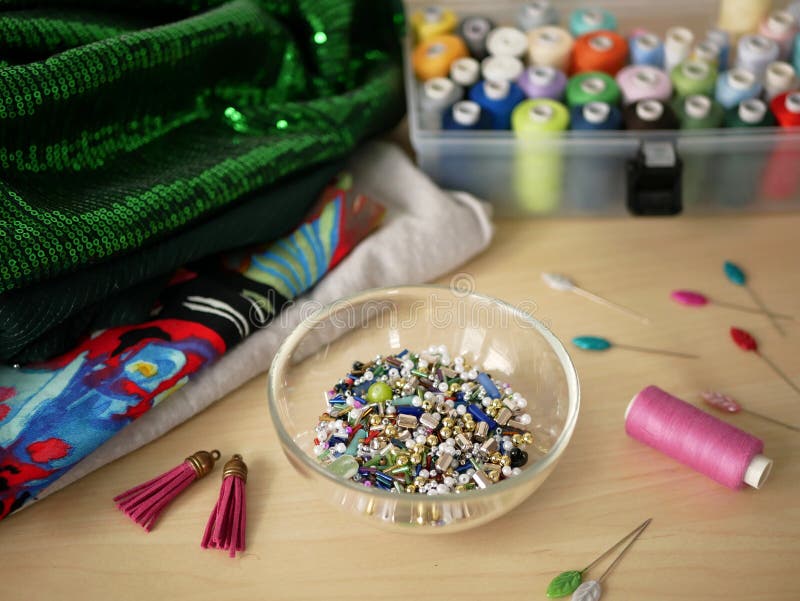 Beading and Sewing Tools in the Backround Stock Image Image of