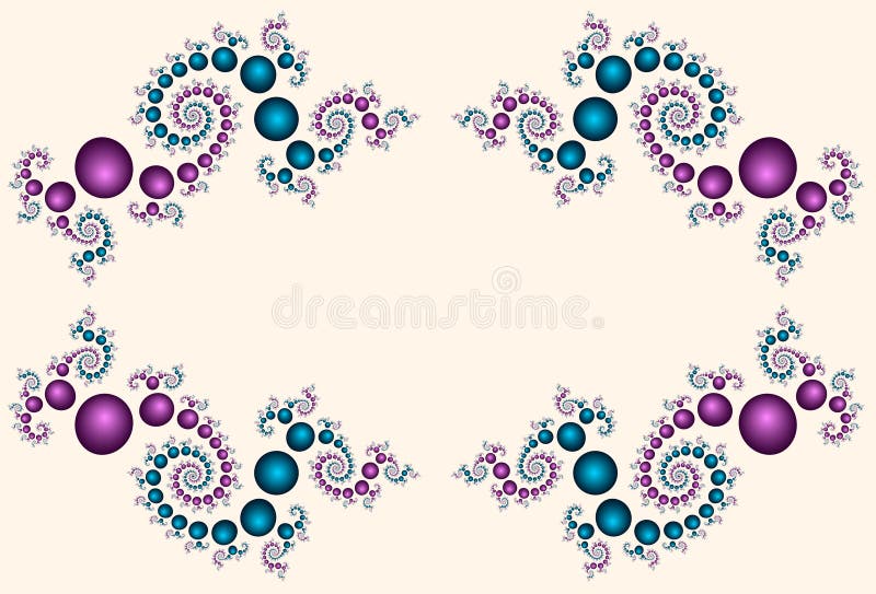 Border or frame of intricately spiraling fractal beads in magenta and turquoise against a soft ivory background. Border or frame of intricately spiraling fractal beads in magenta and turquoise against a soft ivory background.