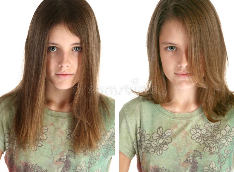 Beautiful 12 year old girl modeling a before and after layered hair cut. Beautiful 12 year old girl modeling a before and after layered hair cut.