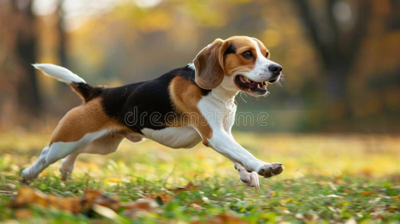 A beagle running through the grass in the park stock photo