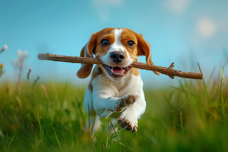 A Beagle running through a grassy field with a stick in its mouth. royalty free stock image