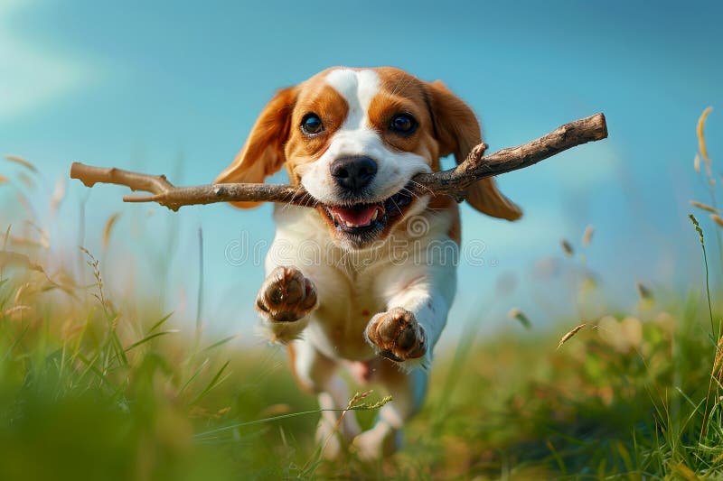 A Beagle running through a grassy field with a stick in its mouth.. AI generated