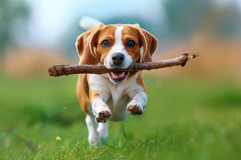A Beagle running through a grassy field with a stick in its mouth. stock photography