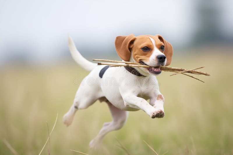 Beagle running with a stick on grass royalty free stock photography