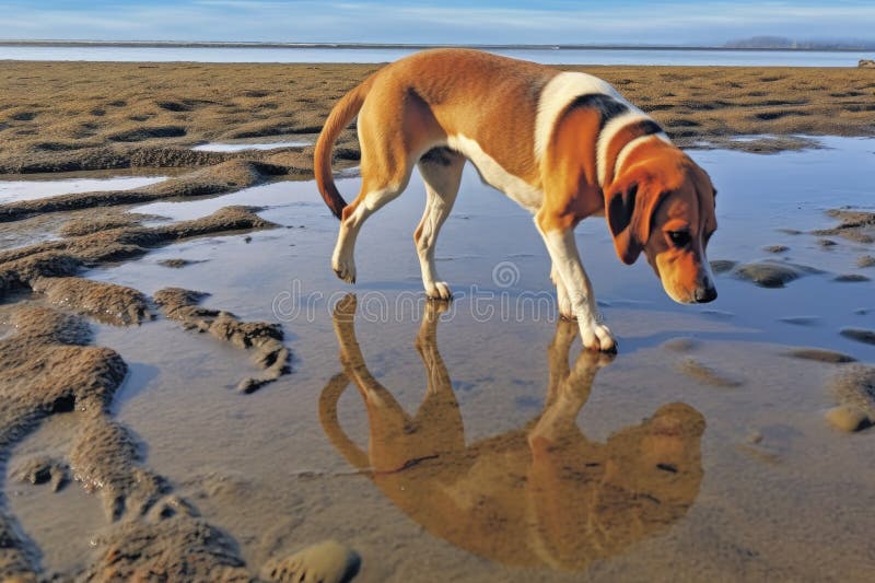 beagle sniffing footprints in sandy beach, created with generative ai