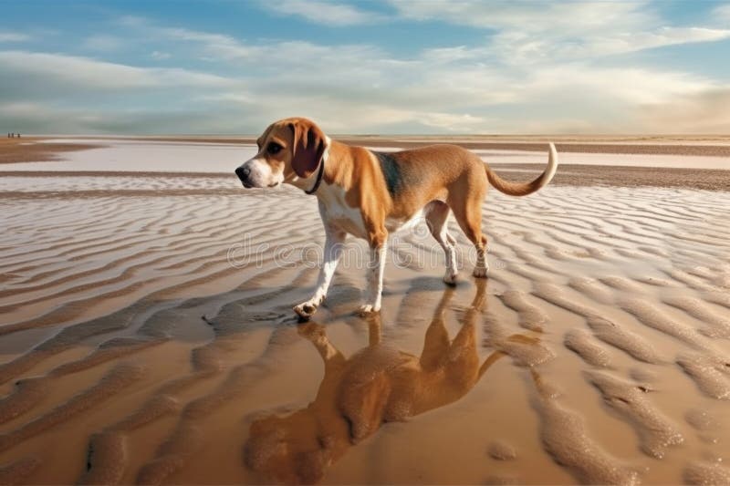 beagle sniffing footprints in sandy beach, created with generative ai