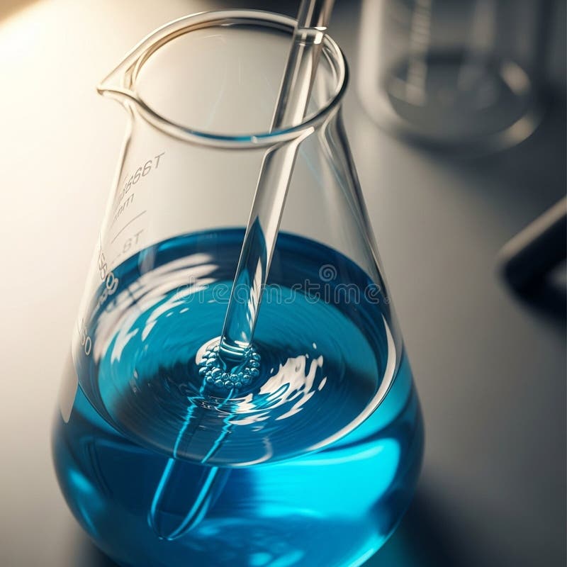 A beaker filled with a vibrant blue liquid, placed on a laboratory table. A glass stirrer is royalty free illustration