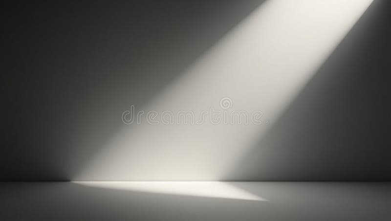 A beam of light shines diagonally across a gray wall and floor creating a stark contrast and shadow a stark image featuring a illustration stock