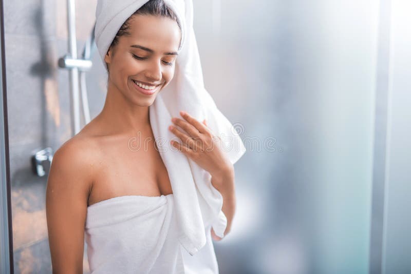 Beaming Lady After Taking Shower Stock Image Image Of Moisturizer