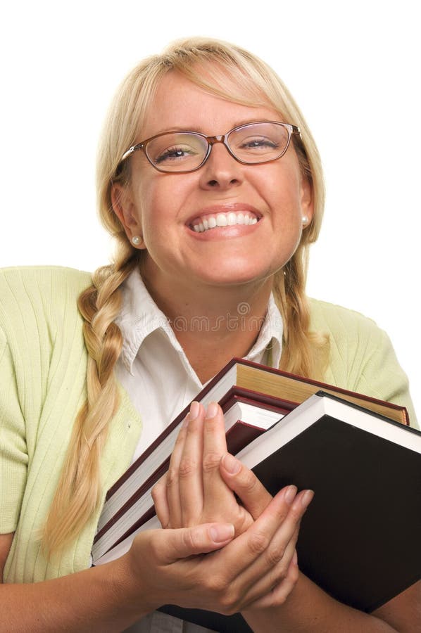 Beaming Woman Carries Stack of Books