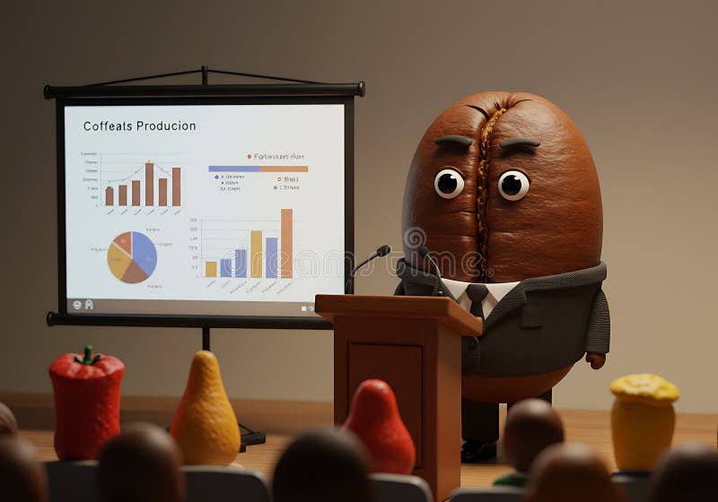 A bean giving a presentation to a fruit audience with charts behind him vector illustration