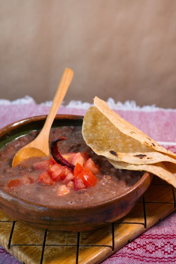 Beans Cooked in a Clay Dish with Tomato and Tortillas, Mexican Poor