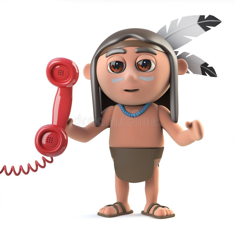 3d render of a funny cartoon Native American Indian character holding a red phone handset receiver. 3d render of a funny cartoon Native American Indian character holding a red phone handset receiver.