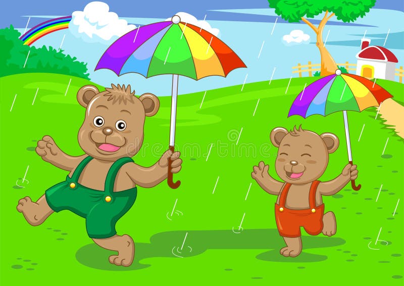 Bear brother in raining day