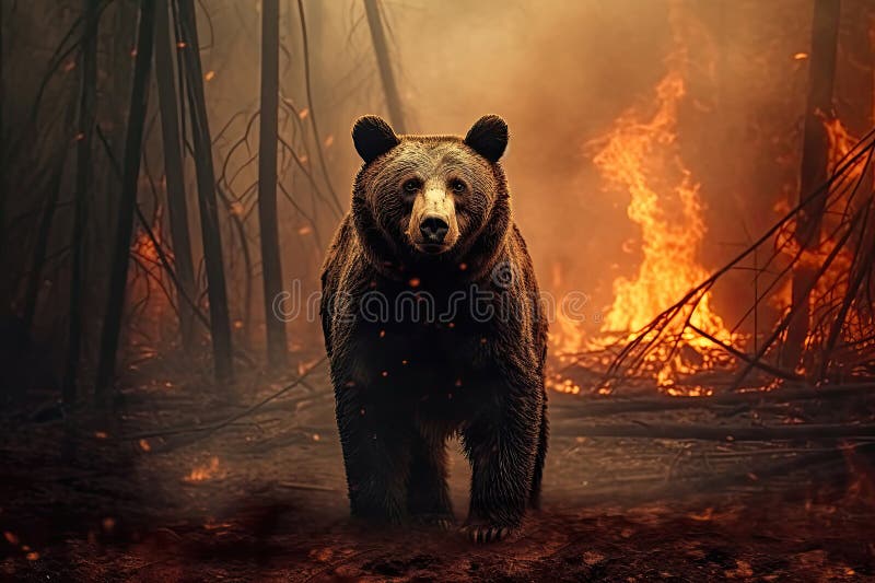 Bear in Burning Forest, Generative AI royalty free illustration