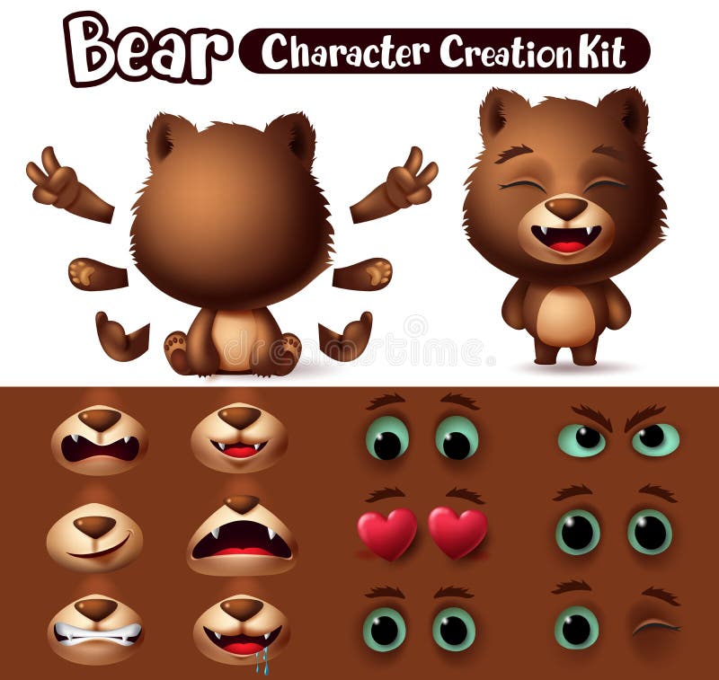 Bear character animals creator vector set. Bears animal characters editable create eyes, mouth and hand kit.
