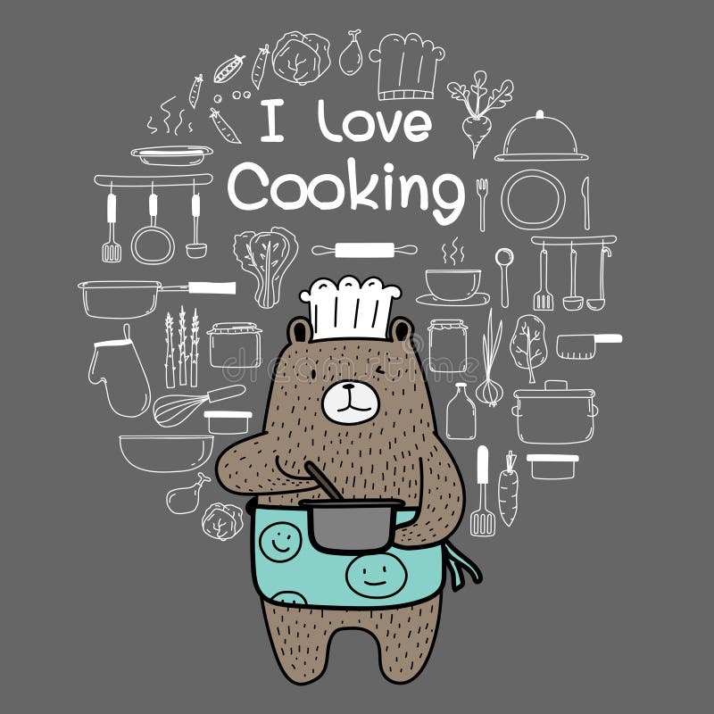 Bear Chef Is Cooking. Brown Bear Wearing An Blue Apron Say `i Love Cooking`. Hand Drawn Doodle Vector Cooking Set. royalty free illustration Bear Chef Is Cooking. Brown Bear Wearing An Blue Apron Say `i Love Cooking`. Hand Drawn Doodle Vector Cooking Set. royalty free illustration