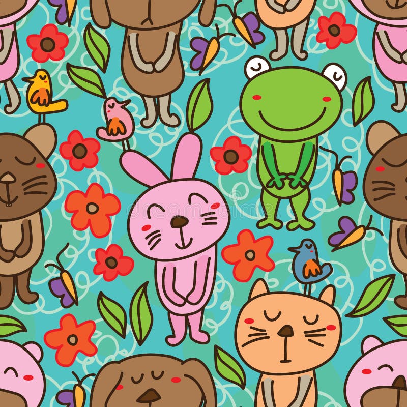 Bear dog cat mouse rabbit frog green seamless pattern