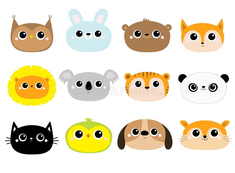 Bear Fox Owl Rabbit Dog Parrot Hamster Cat Lion Koala Panda Tiger round face icon set. Cute cartoon kawaii funny baby character.