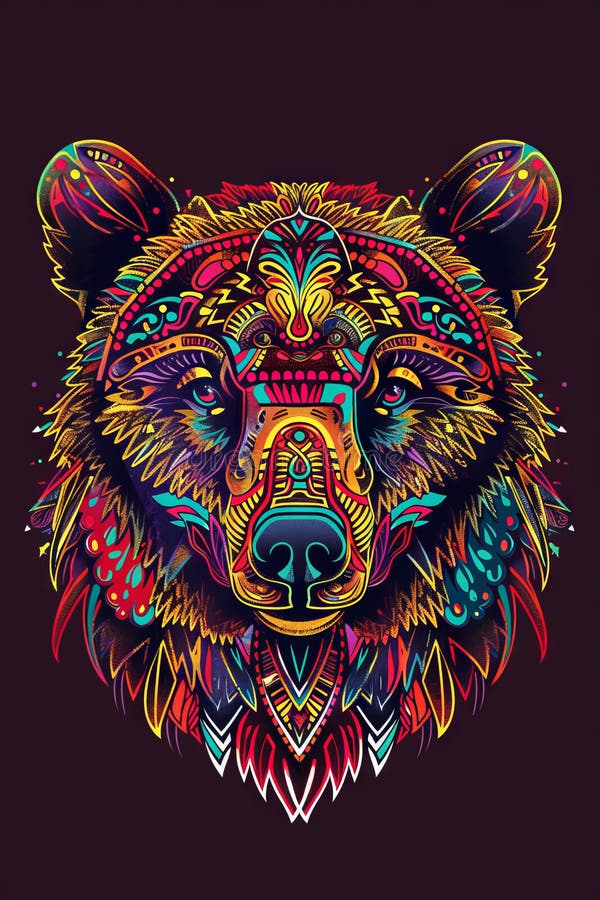 Bear head silhouette featuring colorful tribal ornaments. royalty free illustration
