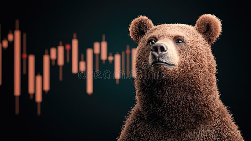 Bear market concept, symbolic representation with a bear in front of a declining stock market graph on a dark background stock illustration