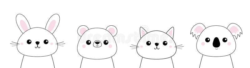 Bear, rabbit, hare, grizzly, koala, cat kitten head face set line. Doodle linear sketch. Pink cheeks. Cute cartoon character. Pet