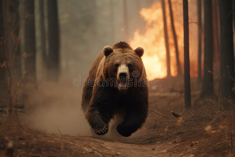 Bear Running From Burning Forest, Generative AI vector illustration