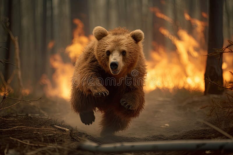 Bear Running From Burning Forest, Generative AI stock illustration