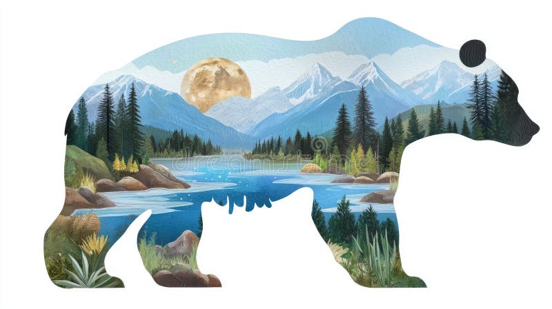 A bear silhouette showcases stunning mountains, forests, and lakes, with clouds lightly decorating the white background. Ai lakes stock images, royalty-free photos and pictures