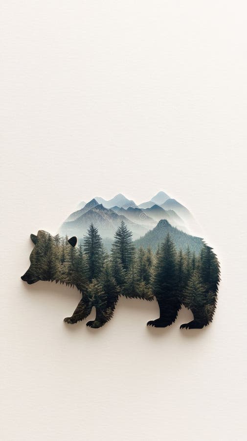 A bear silhouette showcases stunning mountains, forests, and lakes, with clouds lightly decorating the white background. Ai lakes stock images, royalty-free photos and pictures