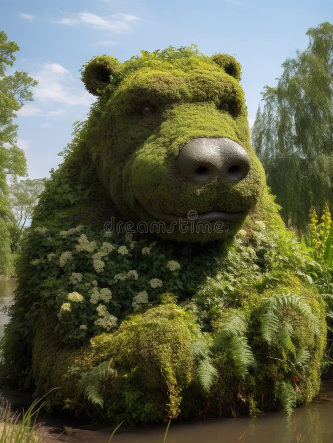 A Bear Statue Made of Moss and Plants, AI Stock Illustration