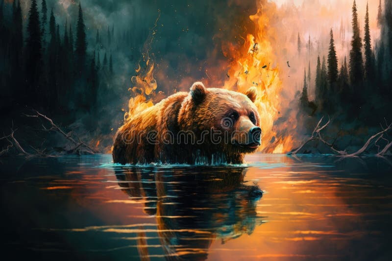 Bear Swimming through the Water, Escaping Forest Fire Stock Image ...