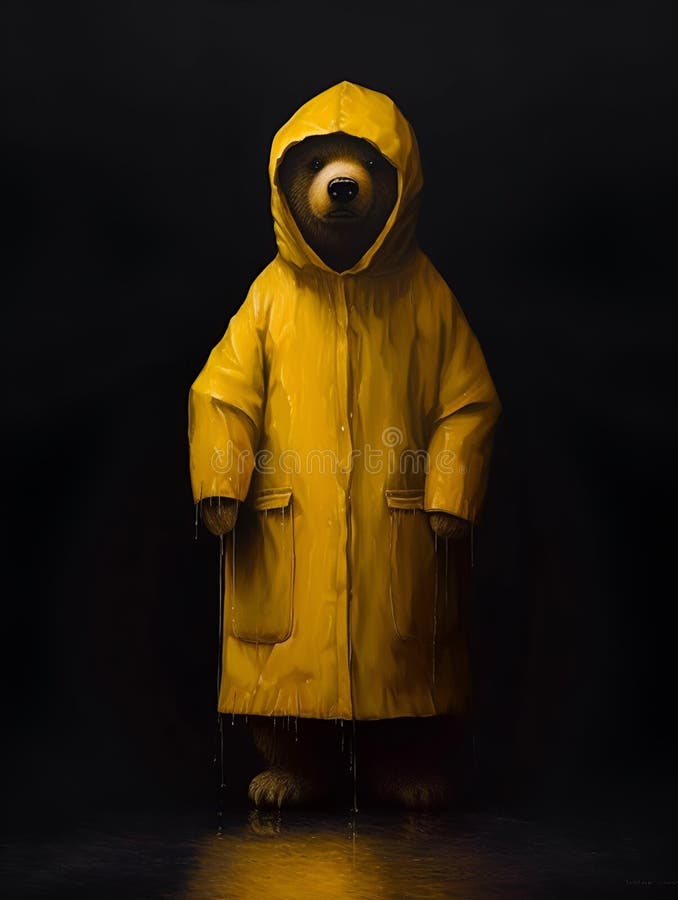 Bear Wearing a Yellow Raincoat and Standing in Pouring Rain, Black